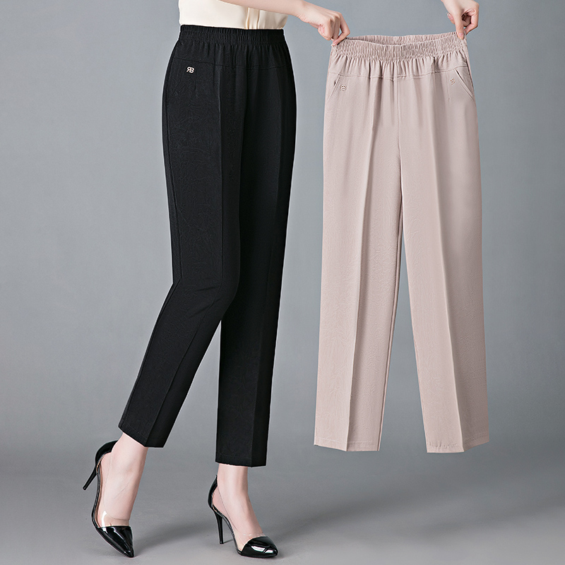 中老年女装裤子夏季新款九分裤薄款妈妈夏装松紧腰雪纺直筒休闲裤