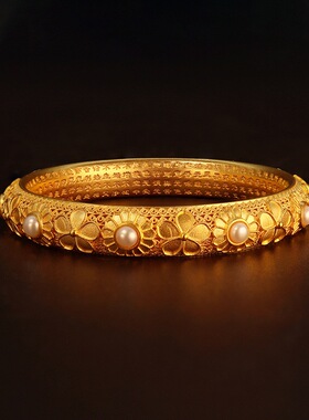 传承沙金镯子十全十美镶珍珠手镯