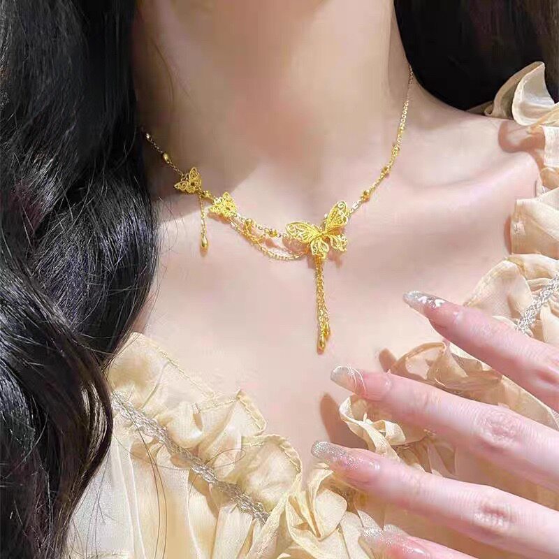 正品沙金工艺仿真黄金色久不掉色蝴蝶夫人流苏项链女款婚嫁锁骨链