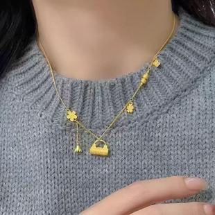 正品沙金工艺仿真黄金色久不掉色繁花似锦四叶草流苏平安锁包项链