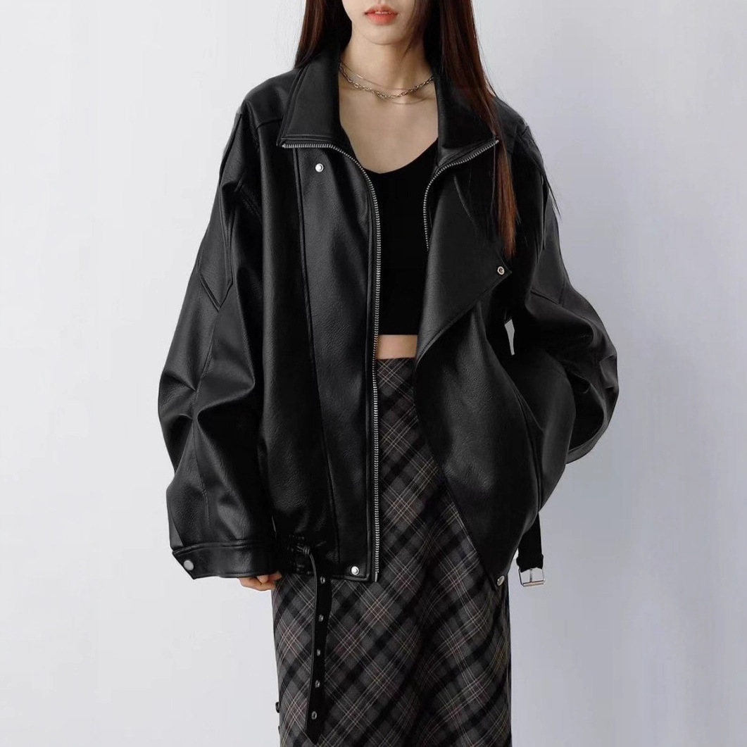 2025秋季新款皮衣女 重工双层领机车夹克皮衣PU水洗皮韩版外套