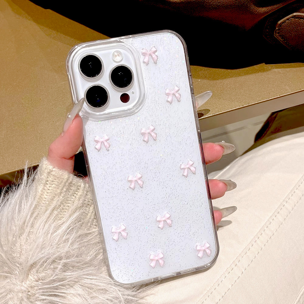 ins粉色小蝴蝶结适用苹果16ProMax手机壳iPhone15滴胶14plus创意13手工12pro高级11/X潮牌8