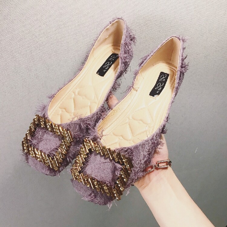 2018秋新款浅口鞋时尚水钻扣饰平跟女鞋子百搭流苏布面软底鞋单鞋