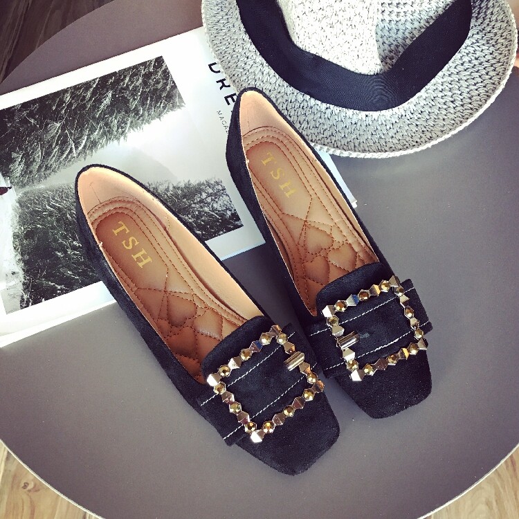 方头鞋平底休闲鞋女单鞋2017新款英伦风金属皮带扣浅口鞋百搭女鞋