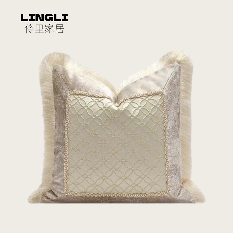 LINGLI 法式轻奢样板间白金色香槟流苏奢华沙发抱枕靠垫客厅靠包