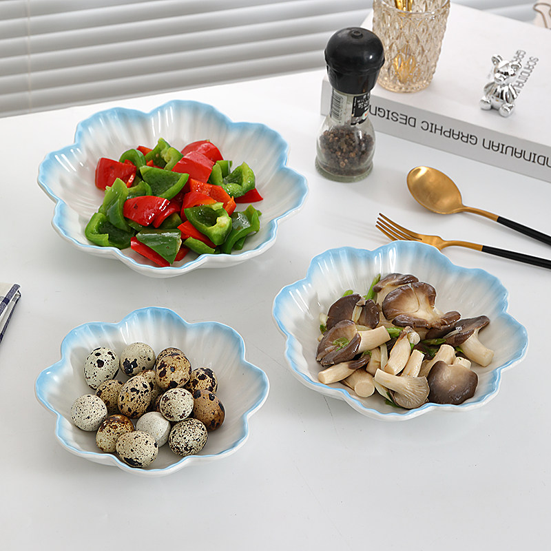 创意新款家用菜盘汤碗渐变餐具北欧风花形陶瓷碗西式点心沙拉水果