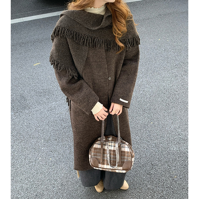 CoMo 披肩款长款羊毛大衣女复古毛呢外套百搭过膝上衣5203