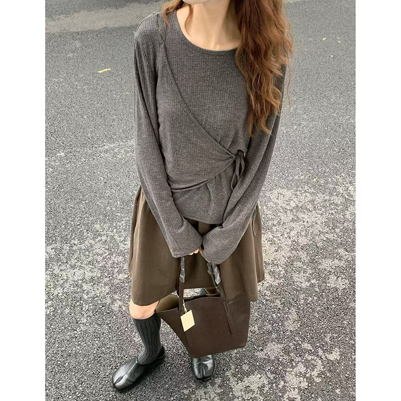 CoMo 交叉绑带长袖上衣显瘦针织打底衫设计感收腰慵懒风内搭6591