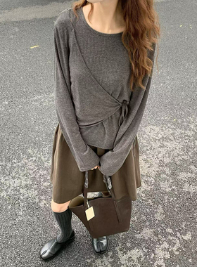 CoMo 交叉绑带长袖上衣显瘦针织打底衫设计感收腰慵懒风内搭6591