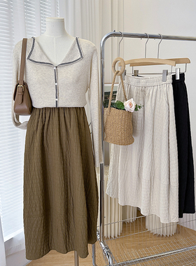 1CoMo 早秋新款百搭时尚显瘦气质舒适复古法式减龄长款半身裙8808