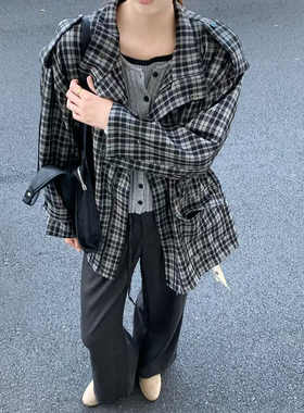 CoMo 黑色格子风衣外套女2025秋新款韩系设计感大衣0832