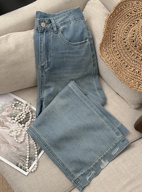 1CoMo新款高腰裤脚做旧水洗时尚oclin弹力韩版显瘦直筒牛仔裤9357