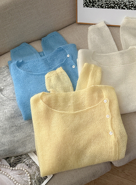 1CoMo 春季羊毛混纺慵懒风马海毛斜扣针织衫马海毛斜扣针织衫8051