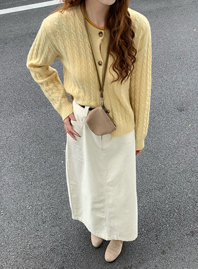 CoMo 羊毛开衫女秋冬温柔风黄色针织外套显瘦百搭单排扣毛衣5089