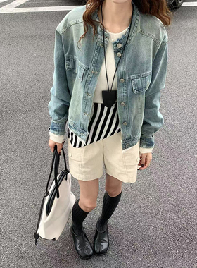 CoMo 牛仔外套女时尚短款韩系宽松复古棒球领百搭休闲夹克8057