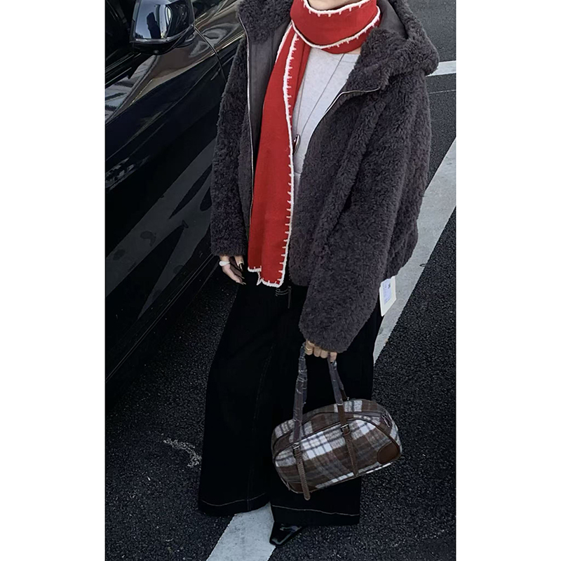 CoMo 全羊毛皮毛一体外套女秋冬连帽保暖毛绒上衣高级感外套6031