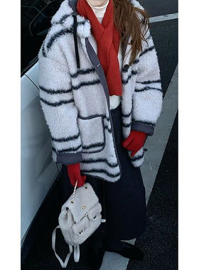CoMo 条纹皮毛一体外套秋冬宽松连帽上衣韩系慵懒风保暖上衣5218