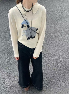 CoMo 白色小羊提花翻领毛衣女可爱减龄针织衫设计感百搭上衣0322