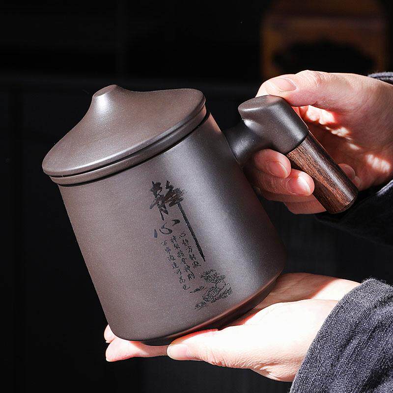 紫砂木把办公茶杯刻字紫砂