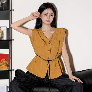 上衣女 橘色polo领小飞袖 衬衫 女夏设计感小众气质衬衣收腰法式 无袖