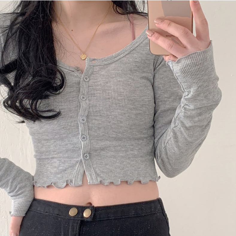 灰色系look~ 波浪卷卷边纽扣上衣 ins少女纯欲感短款长袖开衫春