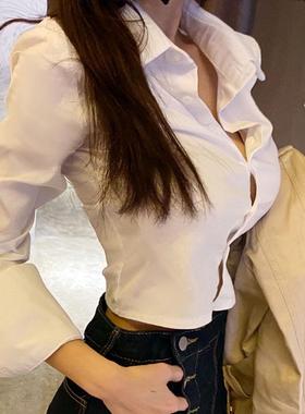 当天发 2026新款韩国QK272今年大热！经典翻领短款长袖白色衬衫tp
