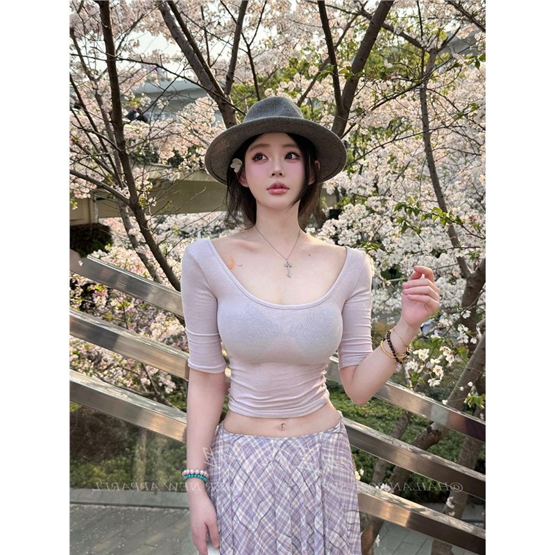 韩系辣妹风斜肩紫色短袖T恤女设计感小众修身显瘦U领上衣纯欲性感