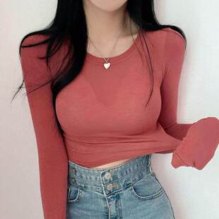 T恤 女人味性感微透紧身长袖 当天发 UD298显白砖红色