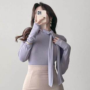 当天发 T恤gn YG296飘带半高领女人味显身材紧身长袖