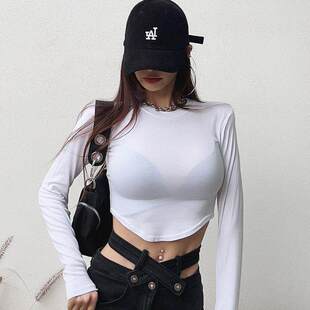 MI216性感微透显身材 T恤iy 女人味圆领露腰紧身长袖