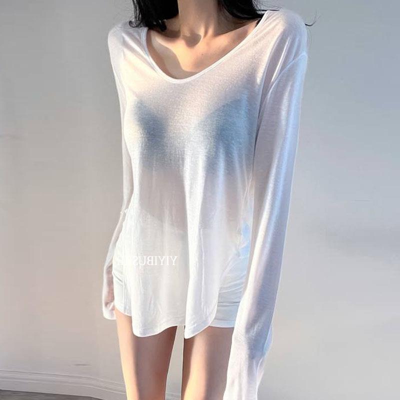 性感微透V领长袖T恤女士春夏冰丝薄款舒适气质显身材防晒罩衫上衣