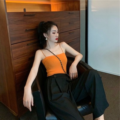 韩版chic亮色橙色橘色修身显瘦弹力简约平口小背心吊带打底衫上衣