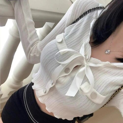 东大门新款气质修身短款显身材蝴蝶结飘带长袖针织开衫T恤女
