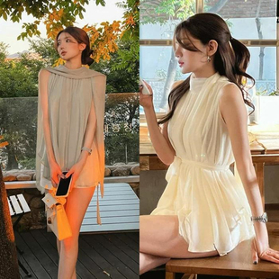 显身材百搭薄款 气质围巾领收腰系带无袖 雪纺T恤女 新款 东大门时尚
