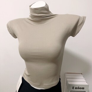 短袖 高弹莫代尔棉T恤半袖 紧身小衫 高腰短款 内搭秋 高领打底衫