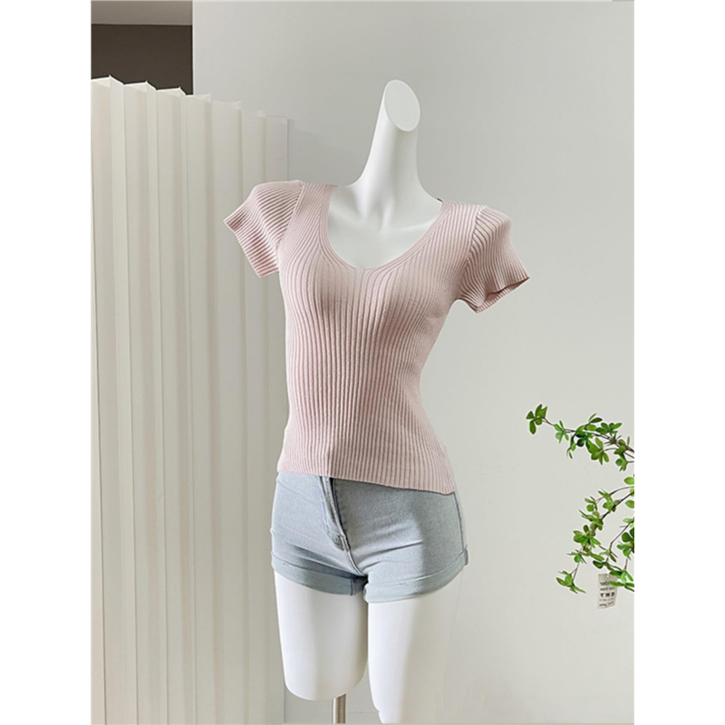 少女感温柔风简约气质修身V领针织衫上衣女薄款短袖T恤女