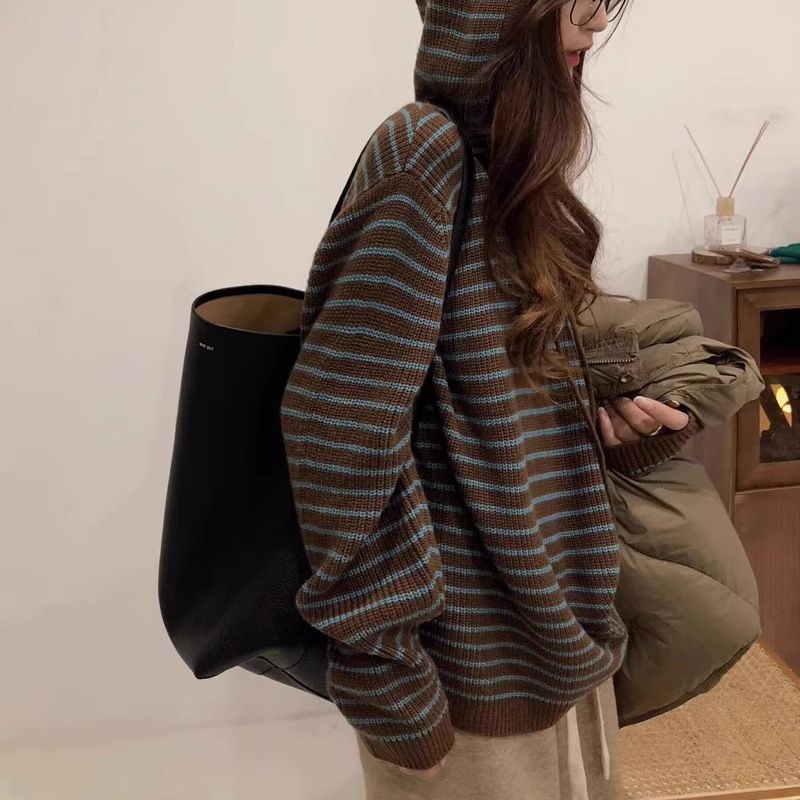 条纹连帽针织上衣女2025秋季新款