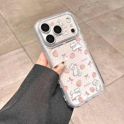 Cartoon Strawberry Cat Precise Cutout Soft Phone Case 适用 iPhone 17 Pro Max 16 15 14 13 Pro XS