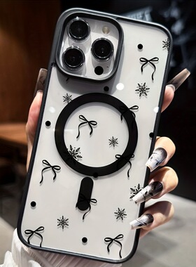 Black snowflake bow Magnetic clear case适用iphone 11 12 13 14 15 16 plus 17 pro max