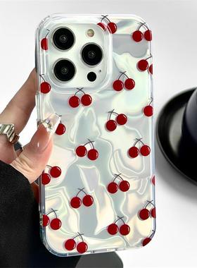 All-Over Red Cherries Case 适用 iPhone 13/14/15 Pro Max –Minimalist Hard Cover Water Ripple Texture