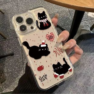 CUTE Black Cat Design clear case适用iPhone 16 17 Pro Max 15/13/12/11 XR XS MAX Soft Cartoon