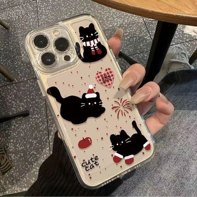 CUTE Black Cat Design clear case适用iPhone 16 17 Pro Max 15/13/12/11 XR XS MAX Soft Cartoon