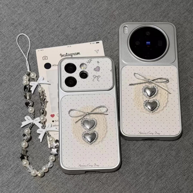 Cute Korean Style Polka Dot Lace Heart Bow Design Faux Leather Soft Phone Case 适用 iPhone 18 17 16