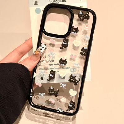 Cartoon love black cat clear case适用iphone 11 12 13 14 15 16 plus 17 pro max
