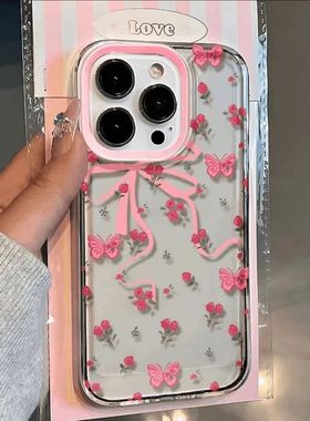Pink flowers butterfly bows clear case适用iphone11 12 13 14 15 16 plus 17 pro max XR XS MAX 7 8 PLUS