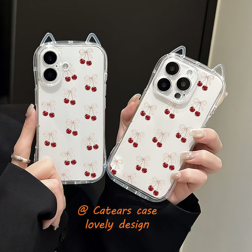Cat ears sweet cherry bowknot clear case适用iphone 11 12 13 14 15 16 plus 17 pro max