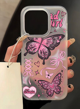 Purple butterfly pink bow matte clear case适用iphone 11 12 13 14 15 16 17 pro max XR XS MAX 7 8 PLUS