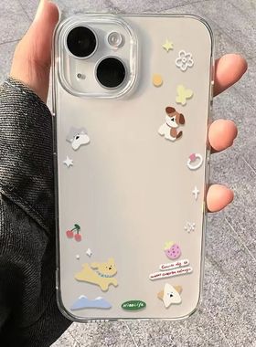 Ins cartoon flowers small dog clear case适用iphone 11 12 13 14 15 16 17 pro max XR XS MAX 7 8 PLUS