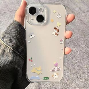 Ins cartoon flowers small dog clear case适用iphone 11 12 13 14 15 16 17 pro max XR XS MAX 7 8 PLUS