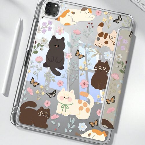 Cute Floral Cat Pattern Protective iPad Case Apple Pencil Holder 适用 iPad Air 5 Air 4 10.9 Inch